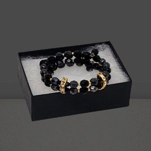 Black Beaded Rhinestone Gold Tone Flexible Wrap Coil Bracelet